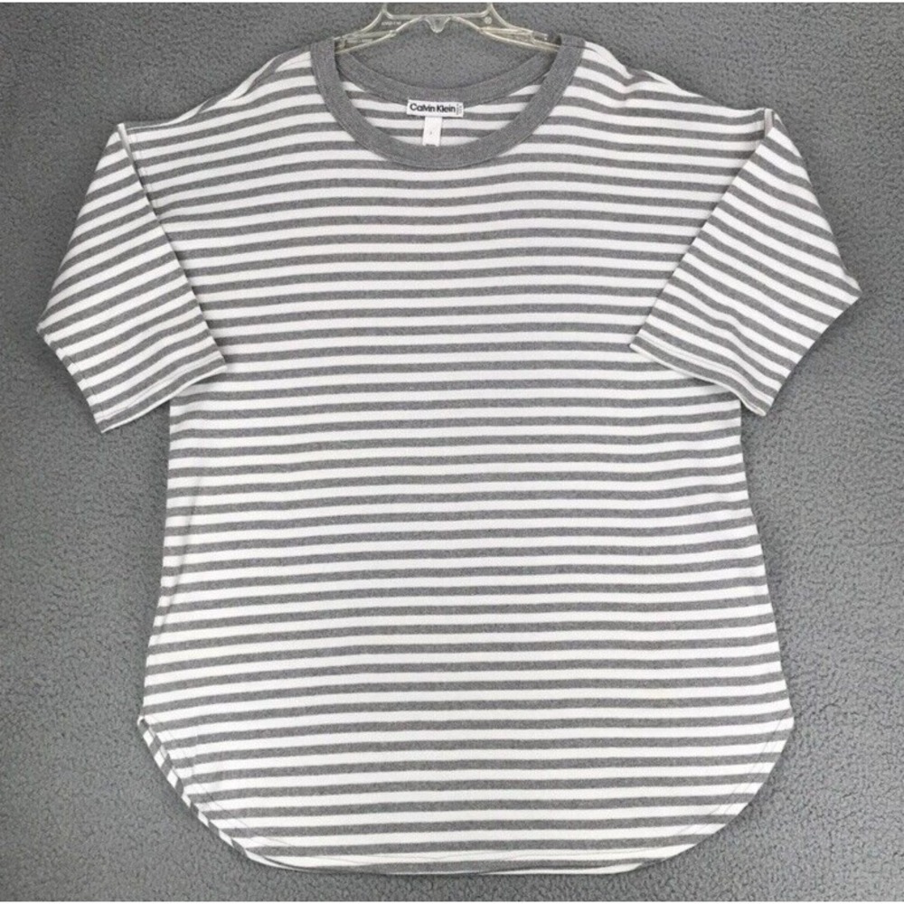 Calvin Klein Night Shirt Women Size L Stretch Short Sleeve Gray White Stripe